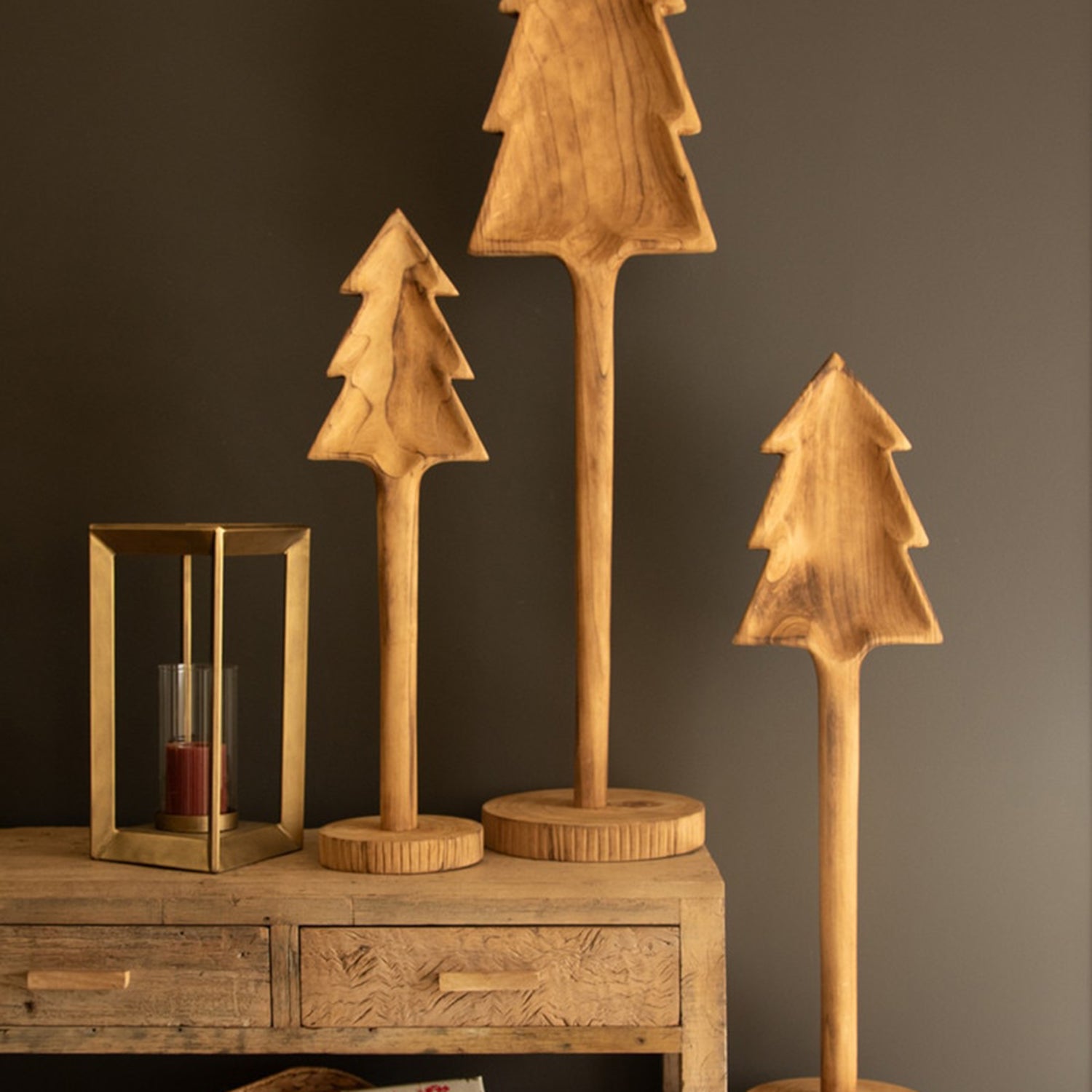 Tall Wooden Christmas Tree on Base Set of 3
