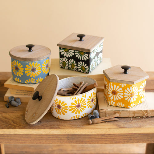 Metal & Wood Floral Canisters Set of 4