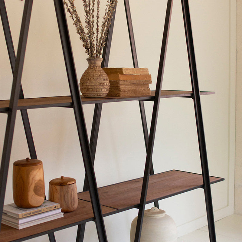 Double A-Frame Iron and Wood Three-Tiered Shelving Unit