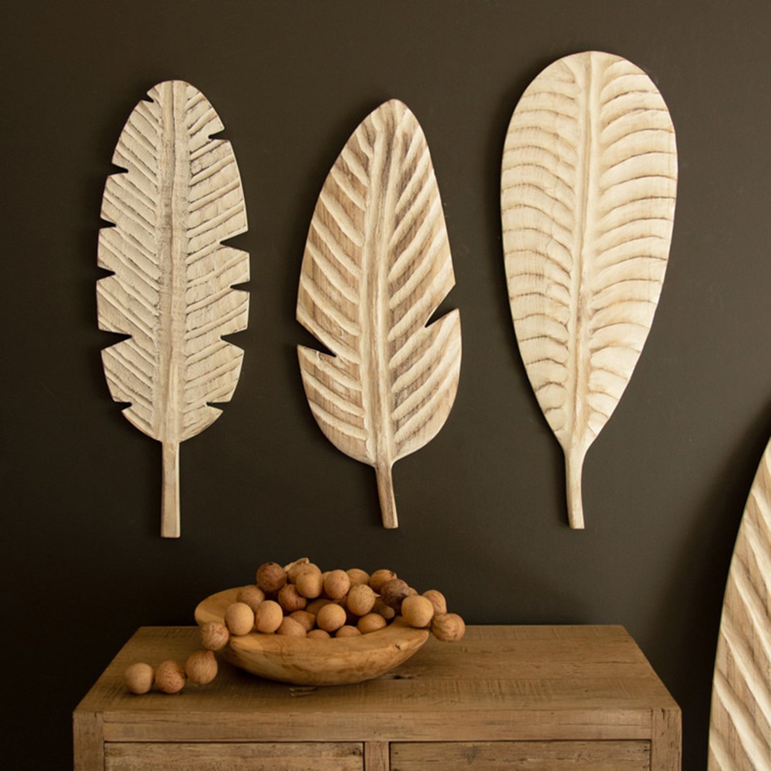 Hand-Carved Paulownia Wood Leaf Set of 3