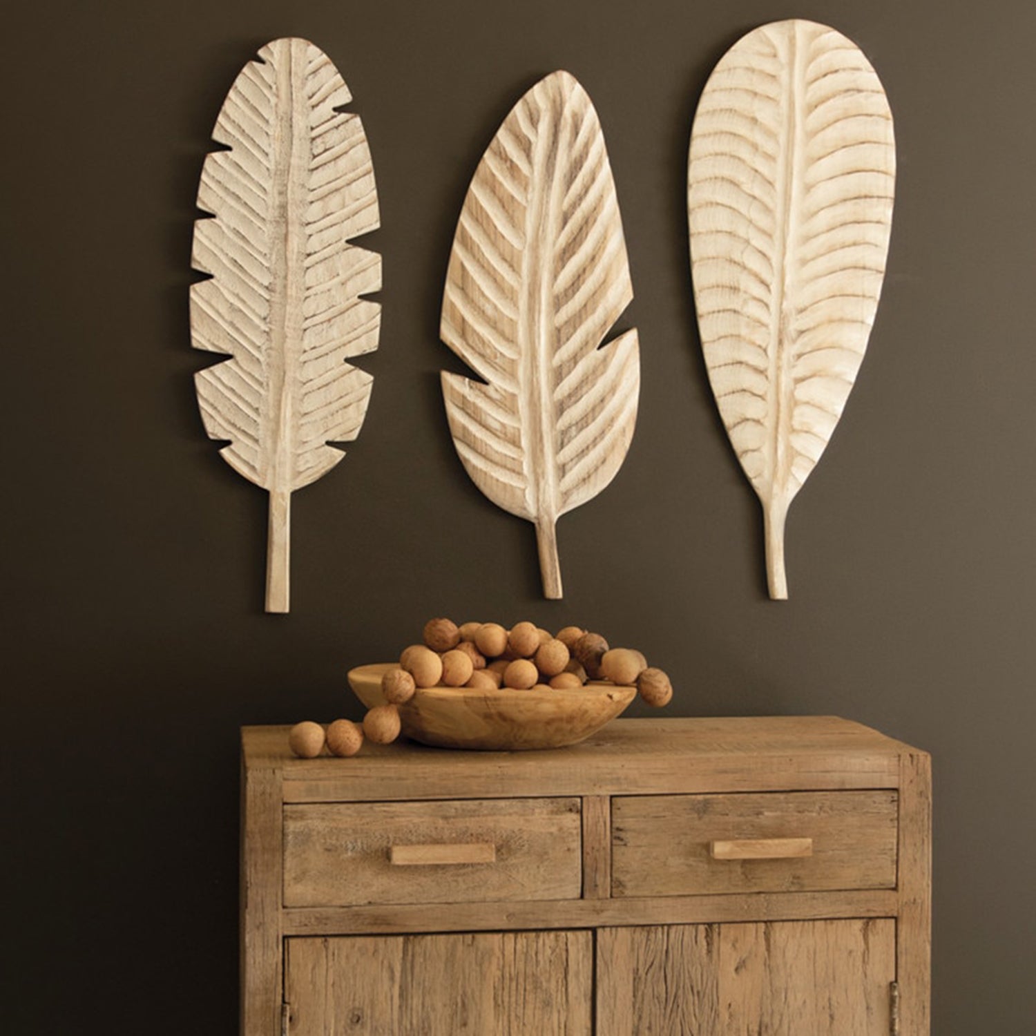 Hand-Carved Paulownia Wood Leaf Set of 3