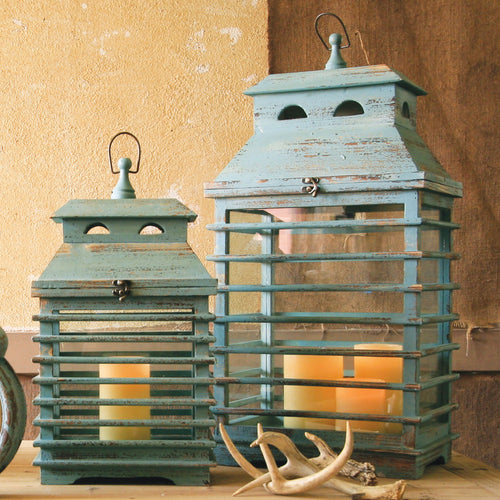 Vintage Blue Shutter Candle Lantern Set of 2