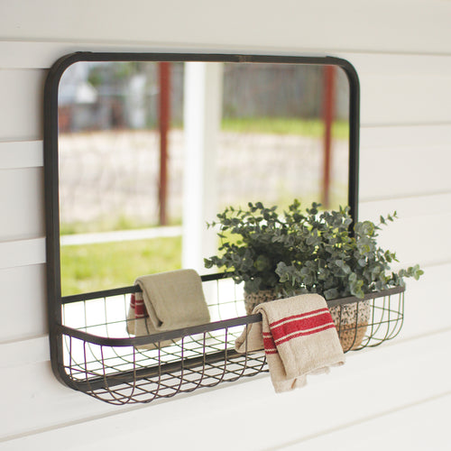 Rectangle Wall Mirror With Wire Basket