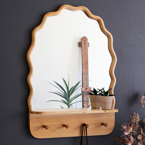 Arched Squiggle Wood Framed Shelf Wall Mirror
