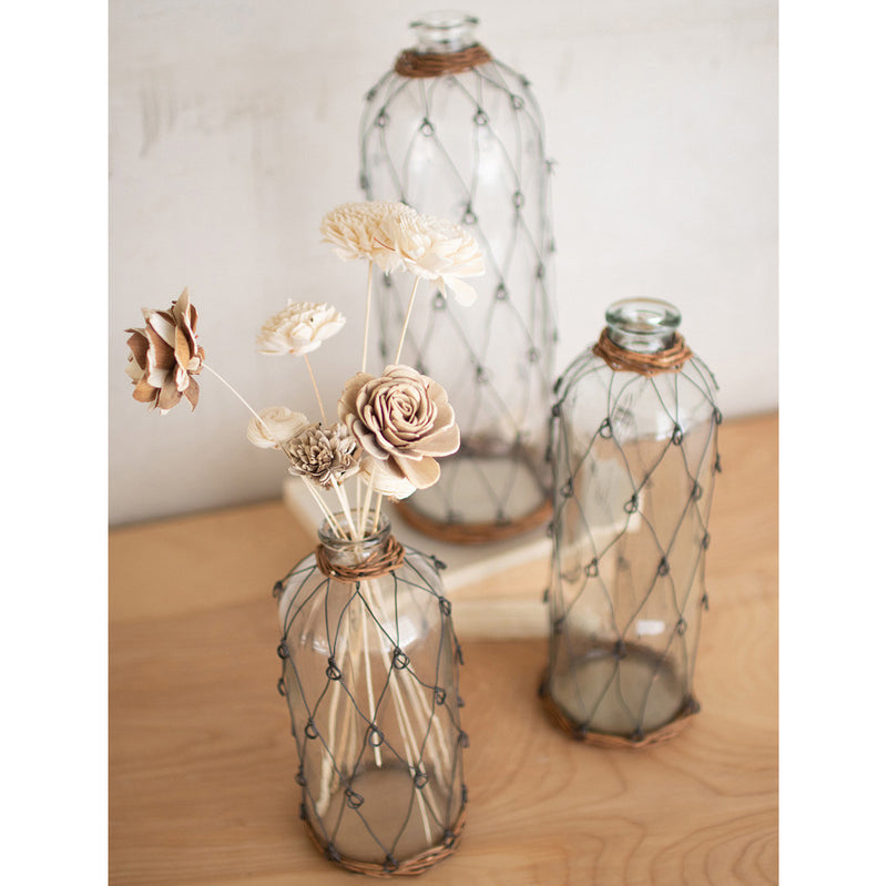 Wire & Wicker Wrapped Bud Vase Set of 3