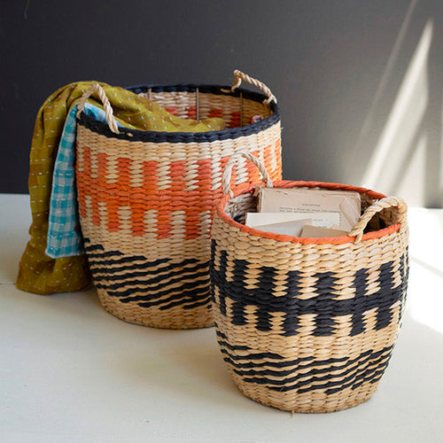Orange and Black Woven Seagrass Basket Set of 2