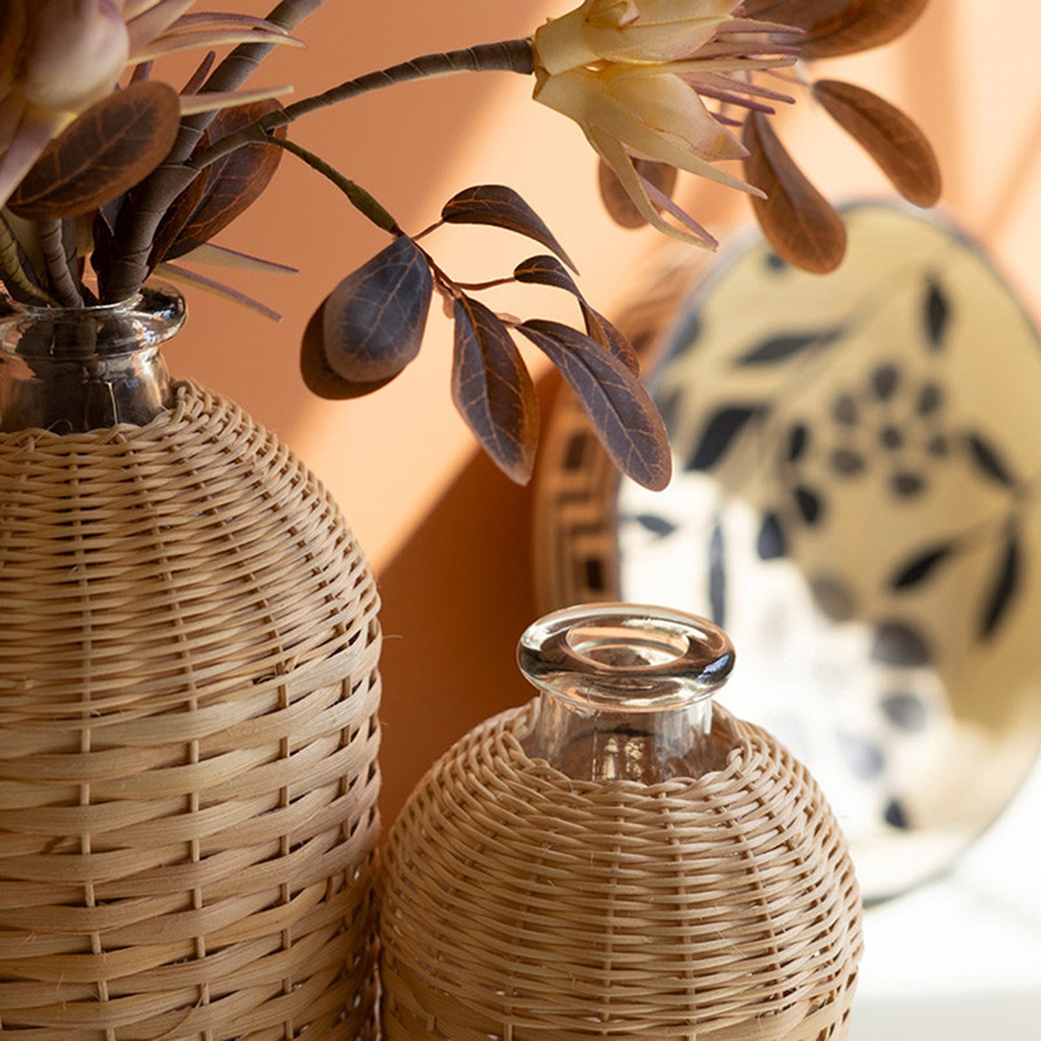 Rattan Wrapped Glass Vase Set of 4