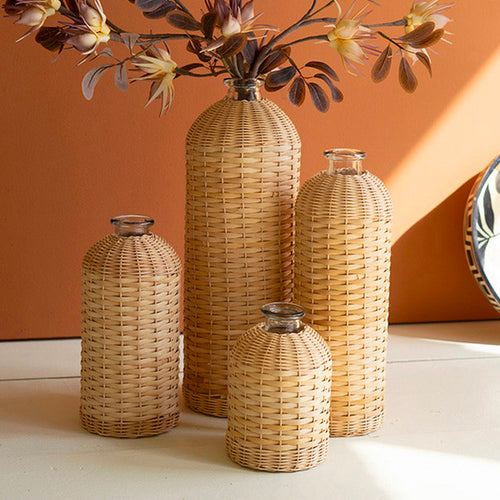 Rattan Wrapped Glass Vase Set of 4