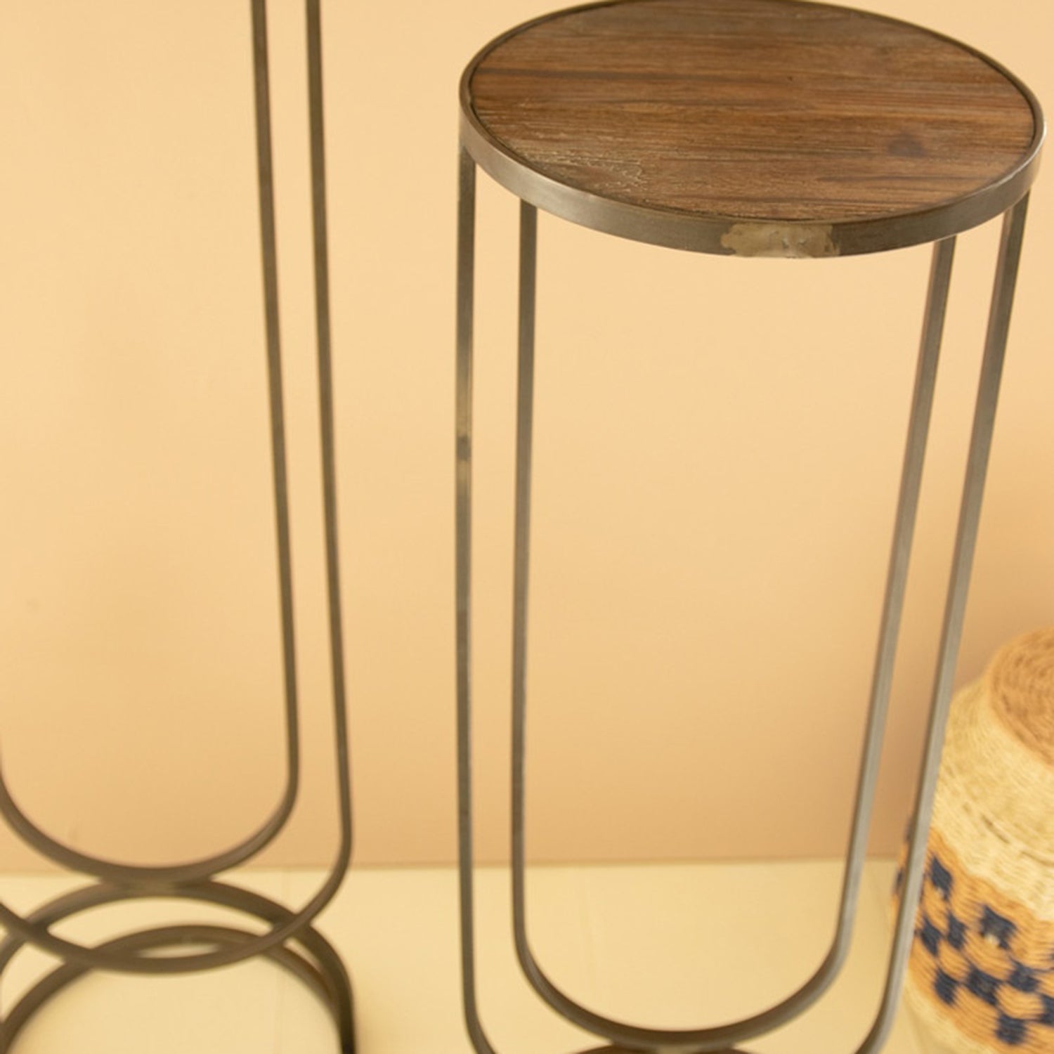 Metal Side Tables Recycled Wooden Top Set of 2