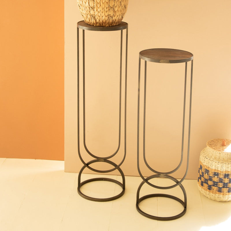 Metal Side Tables Recycled Wooden Top Set of 2