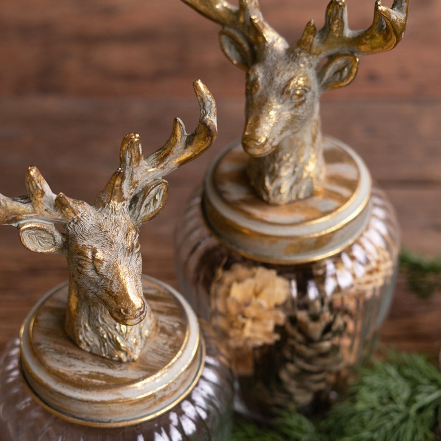 Glass Canisters with Reindeer Top Set of 2