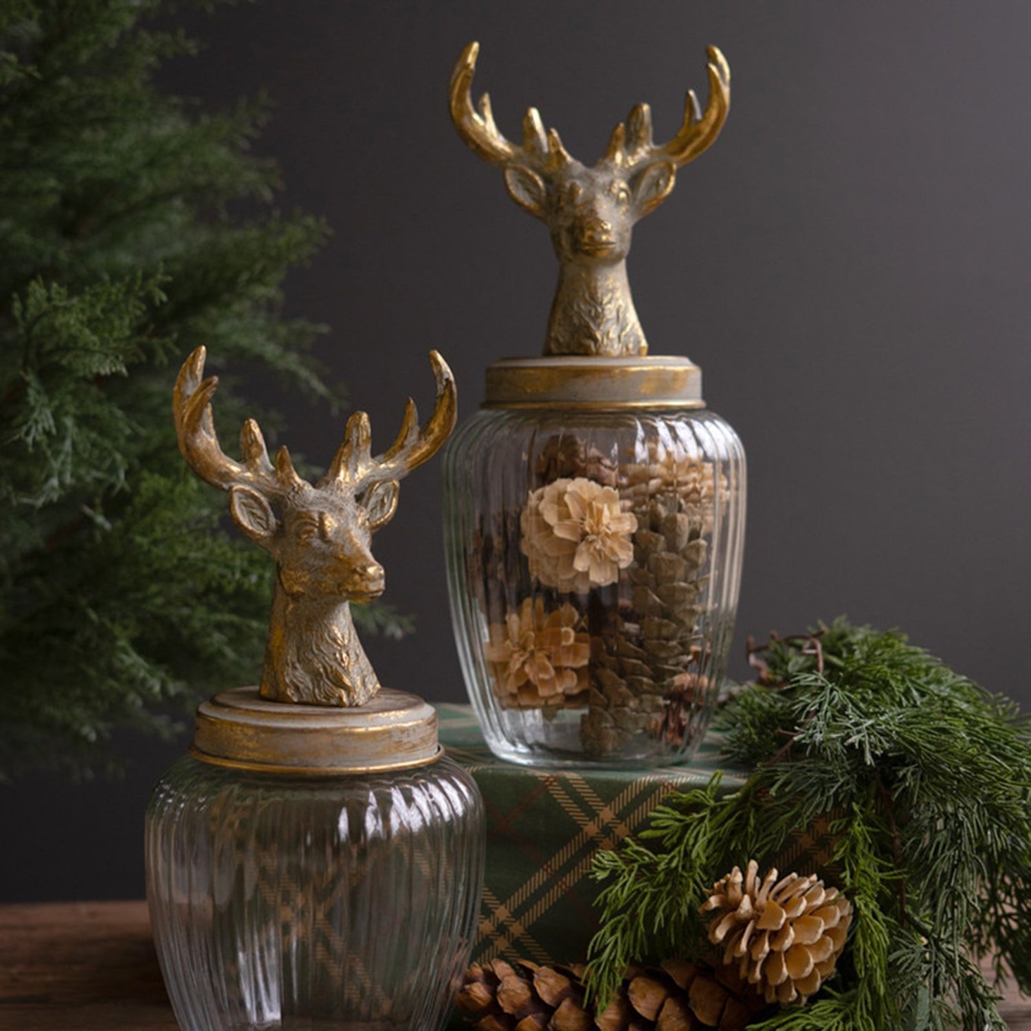 Glass Canisters with Reindeer Top Set of 2