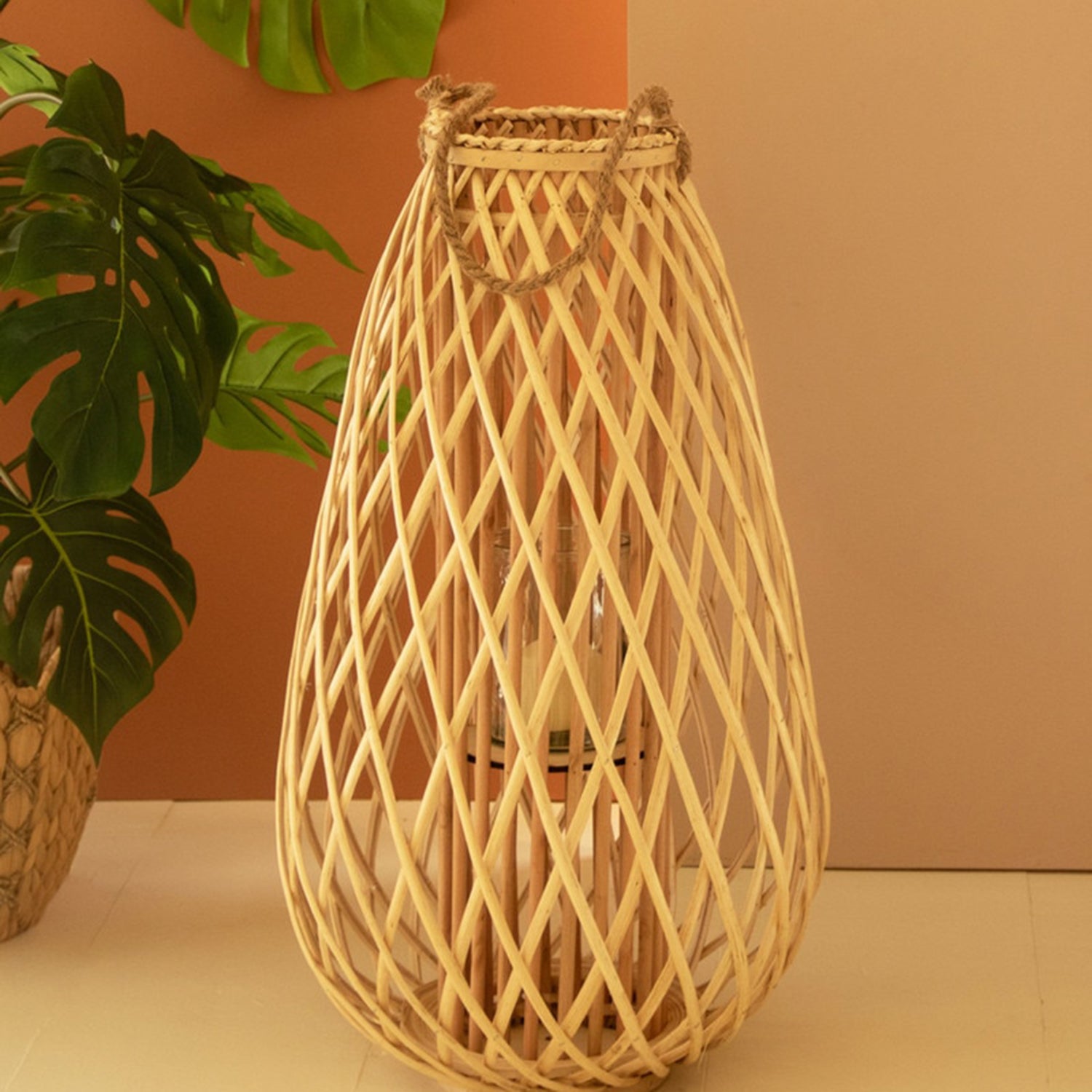 Tall Teardrip Willow Natural Lantern with Glass Insert