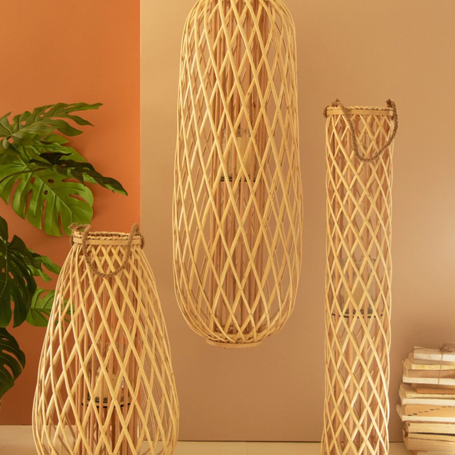 Tall Teardrip Willow Natural Lantern with Glass Insert