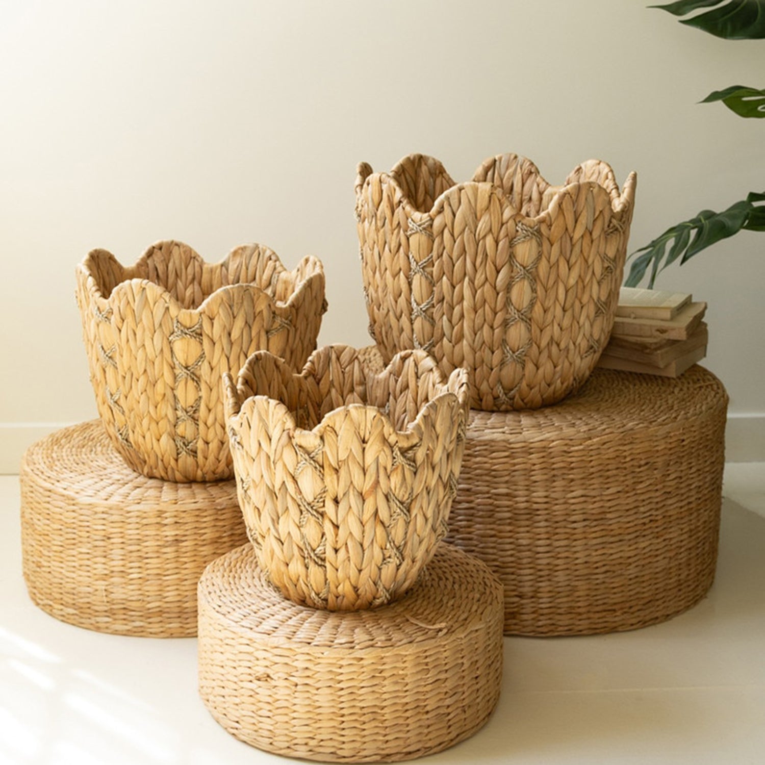 Water Hyacinth Baskets with Wavy Rim Set of 3