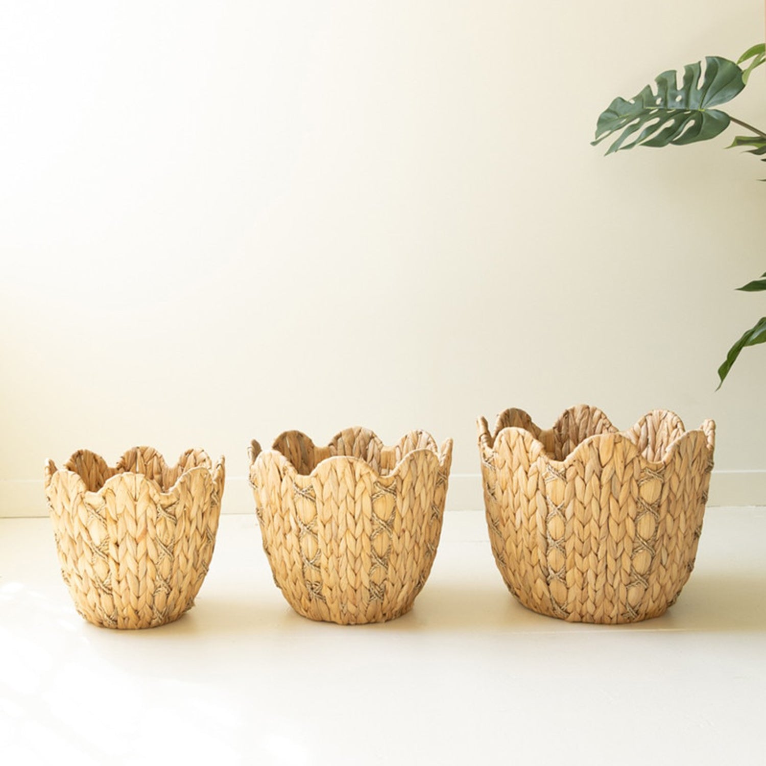 Water Hyacinth Baskets with Wavy Rim Set of 3
