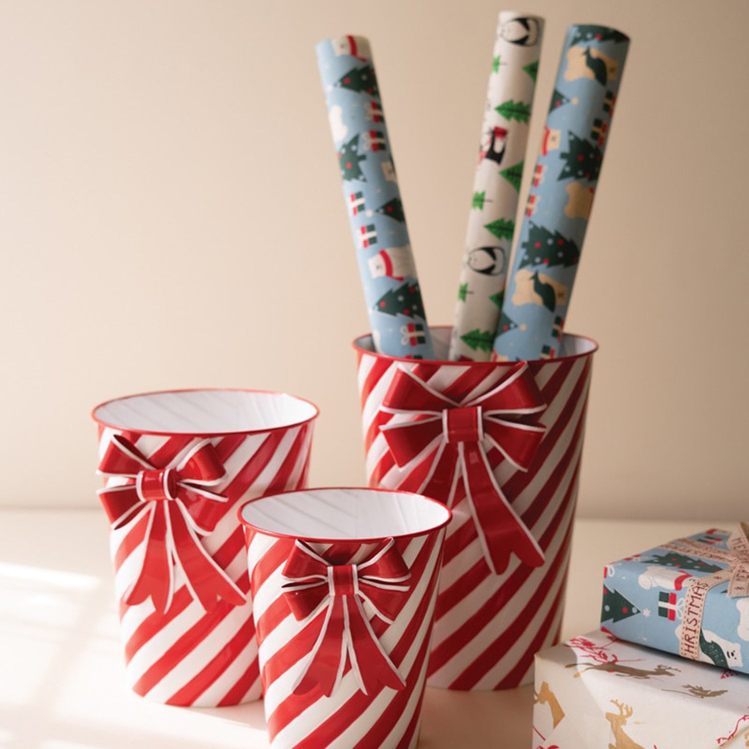 Painted Metal Red White Stripe Christmas Planter Set of 3