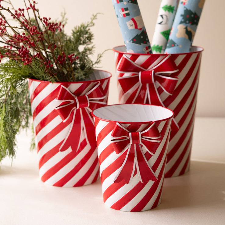 Painted Metal Red White Stripe Christmas Planter Set of 3