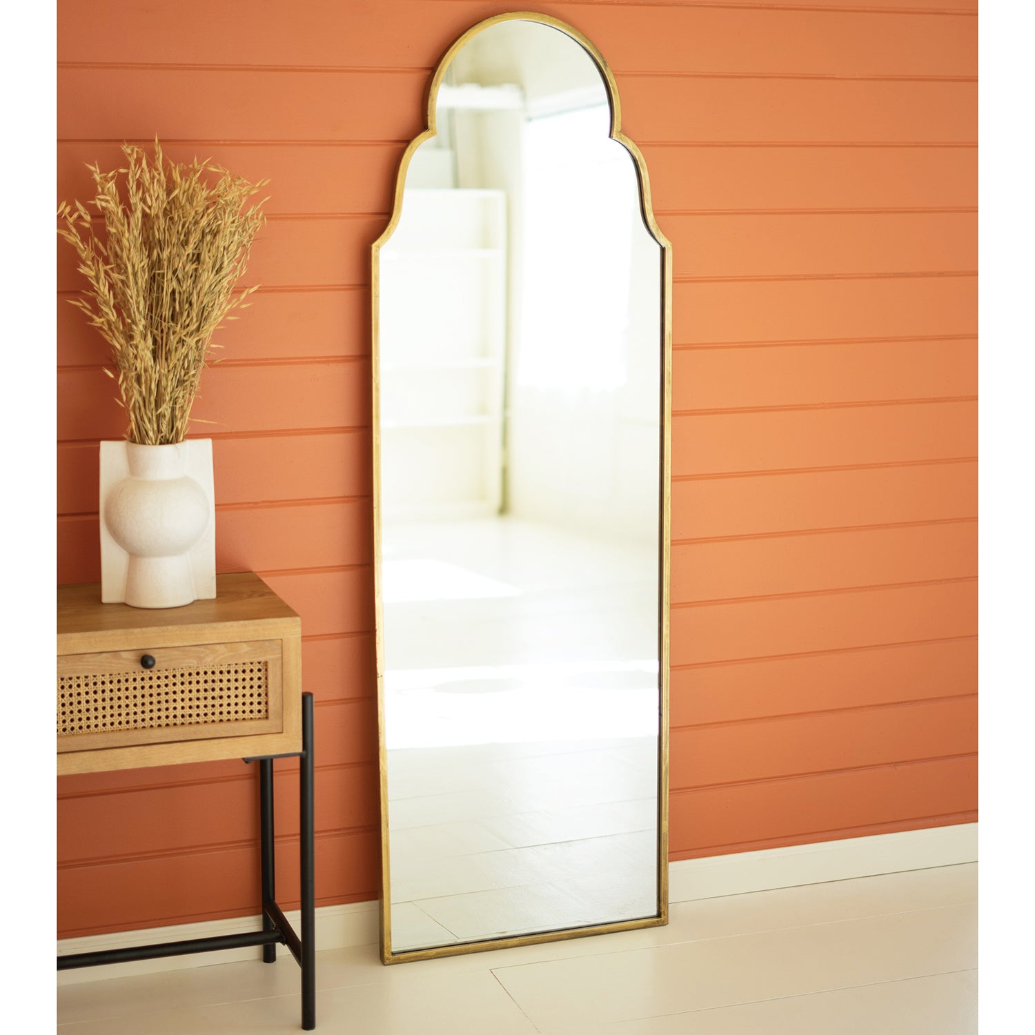 Arched Brass Floor Mirror Paynes Gray