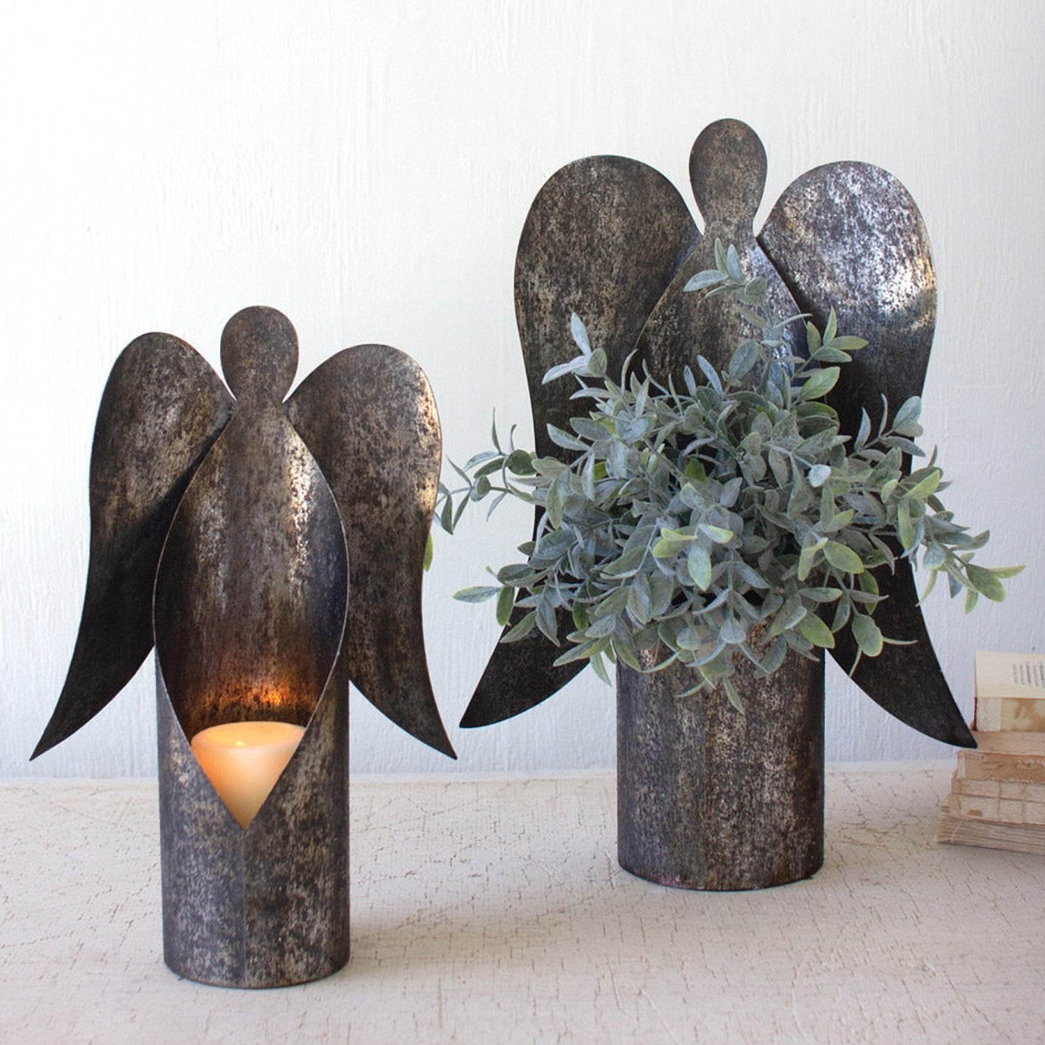 Rustic Metal Angel Candle Holder Set of 2