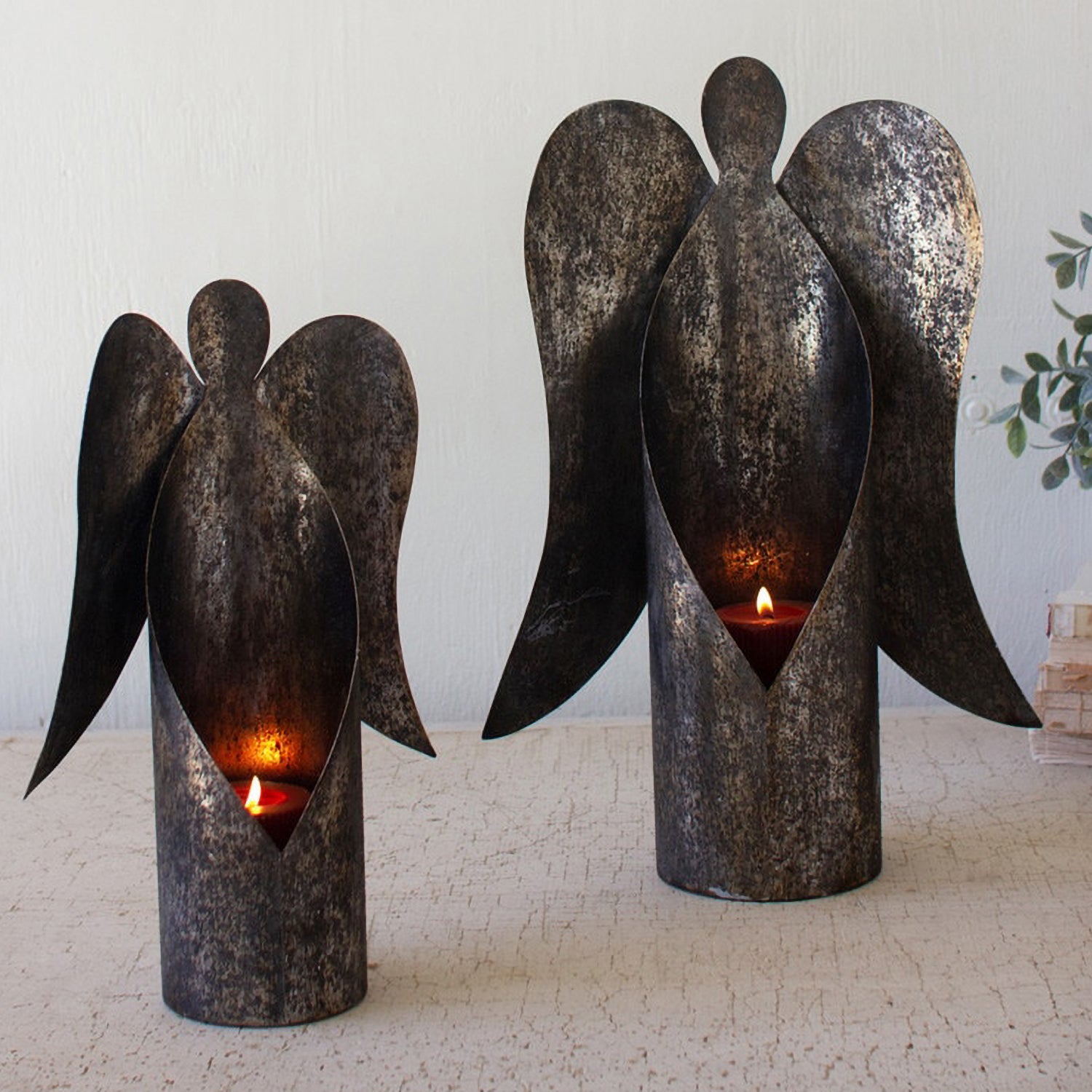 Rustic Metal Angel Candle Holder Set of 2