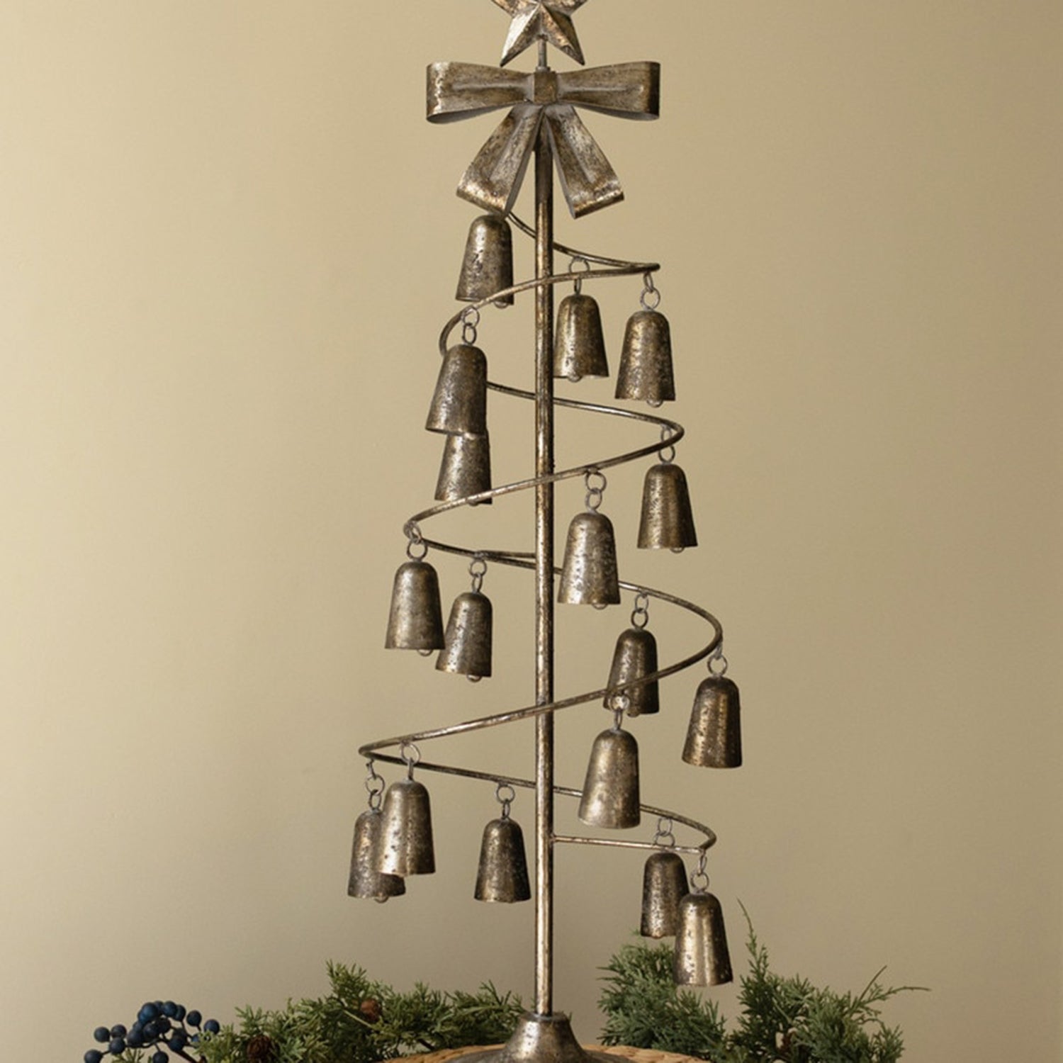Metal Christmas Tree with Bells, Bow and Star