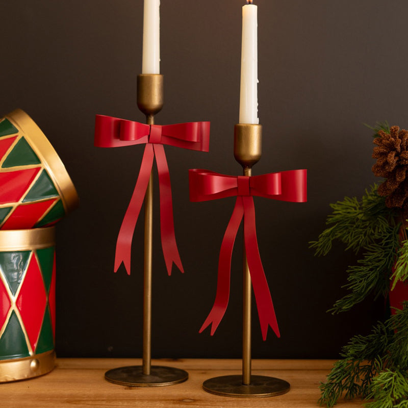 Metal Christmas Bow Taper Candle Holder Set of 2