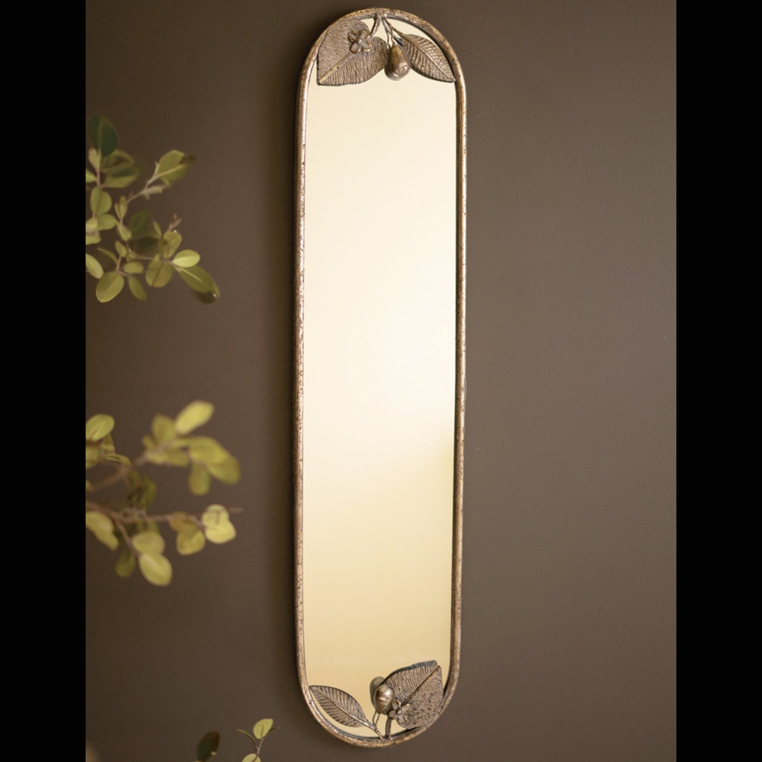 Tall Rustic Framed Mirror with Leaf