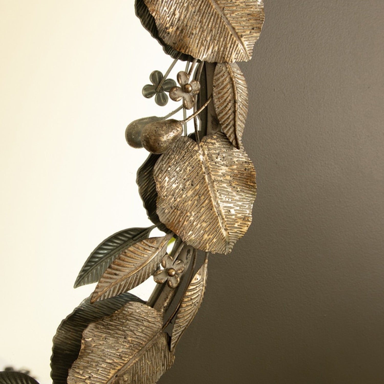 Round Rustic Framed Mirror with Leaf