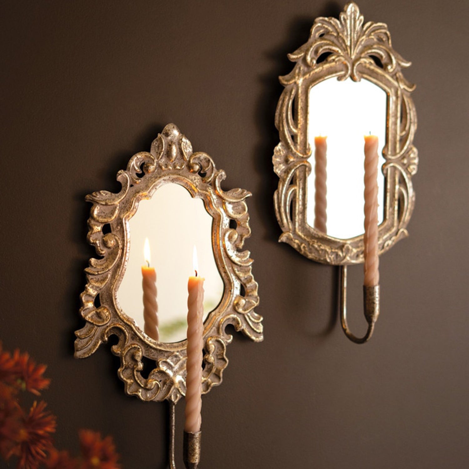 Rustic Framed Mirrors with Taper Candle Holder Set of 2