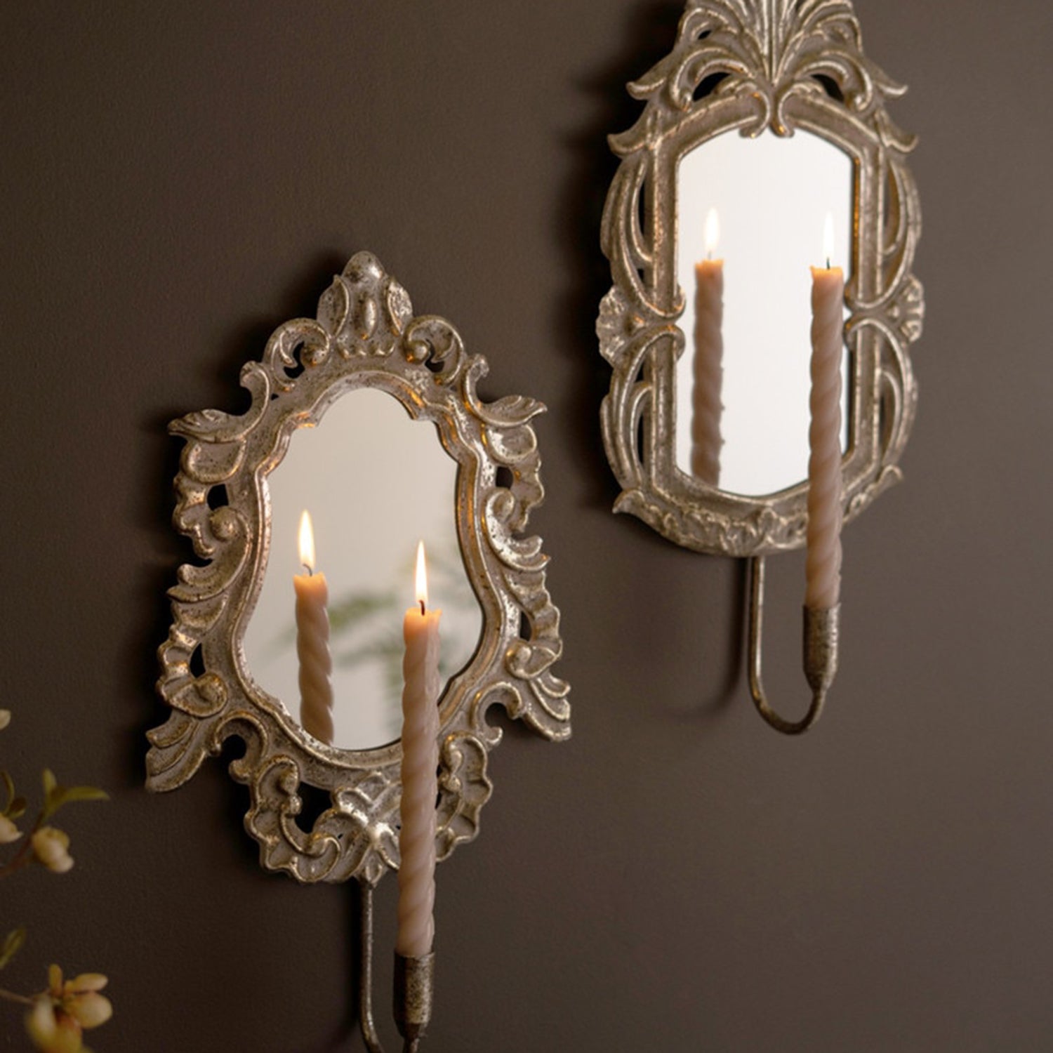 Rustic Framed Mirrors with Taper Candle Holder Set of 2