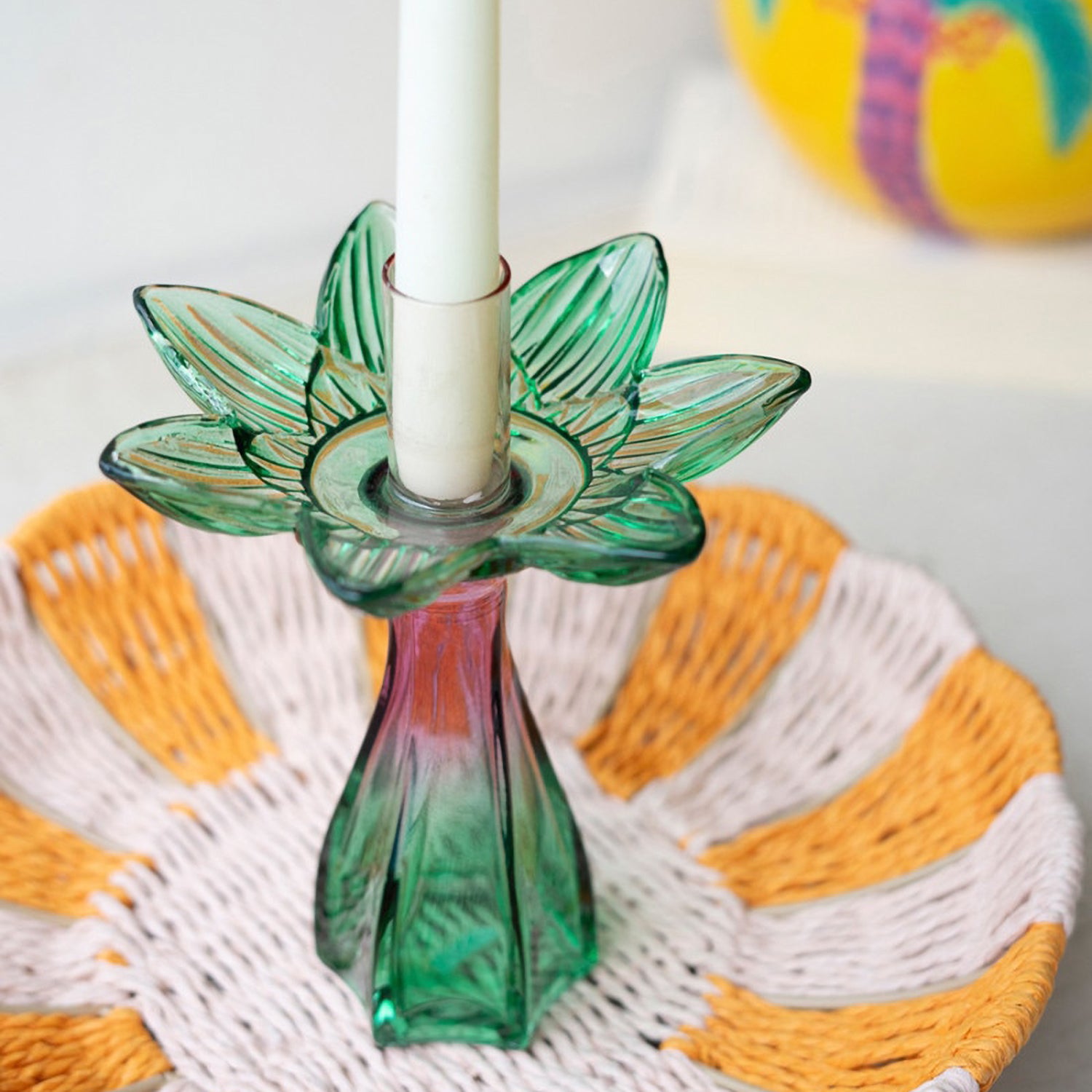 Colored Glass Flower Taper Candle Holder Set of 2