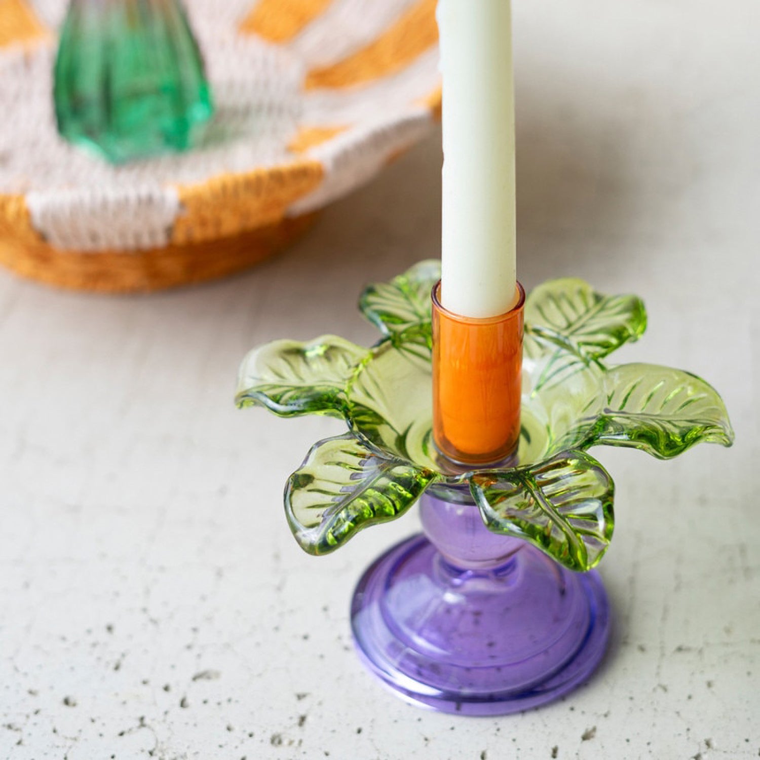 Colored Glass Flower Taper Candle Holder Set of 2