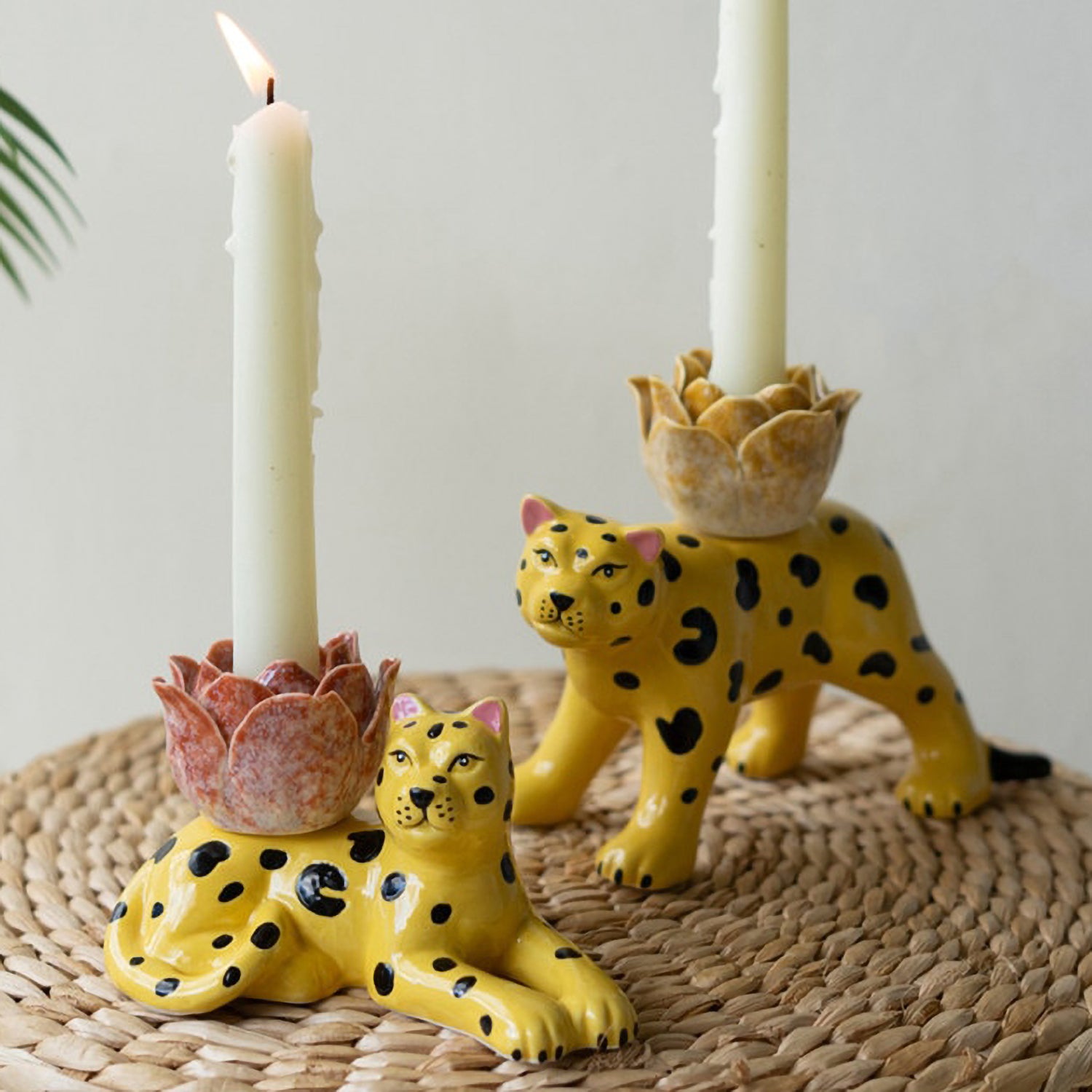 Ceramic Cheetah Taper Candle Holder Set of 2