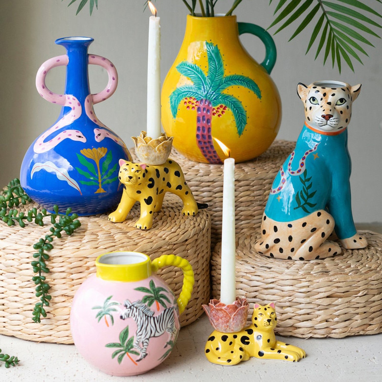 Ceramic Cheetah Taper Candle Holder Set of 2