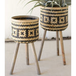 Black & Natural Bamboo Plant Stand Set of 2