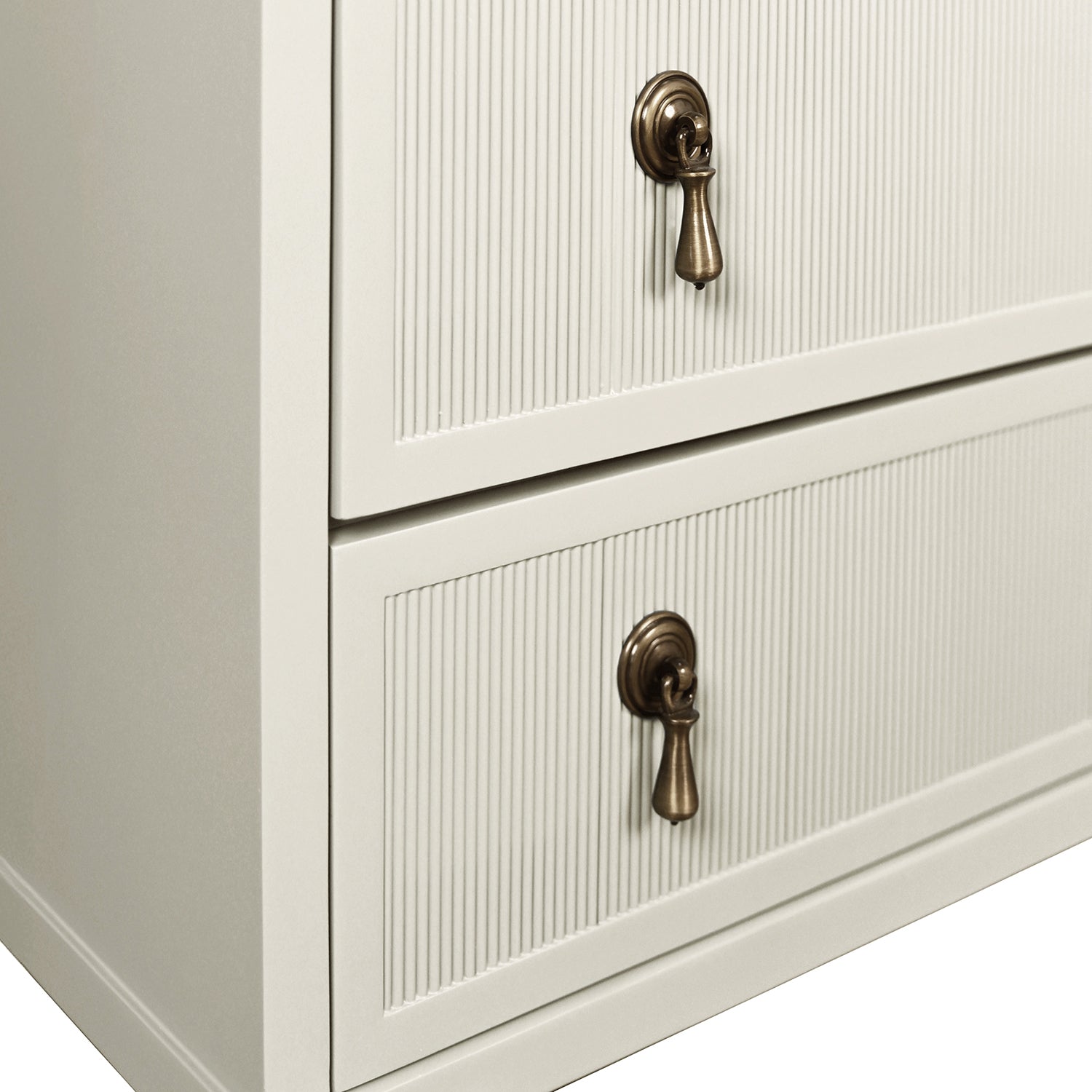 Corine Antique White Two Drawer Side Table shown to scale