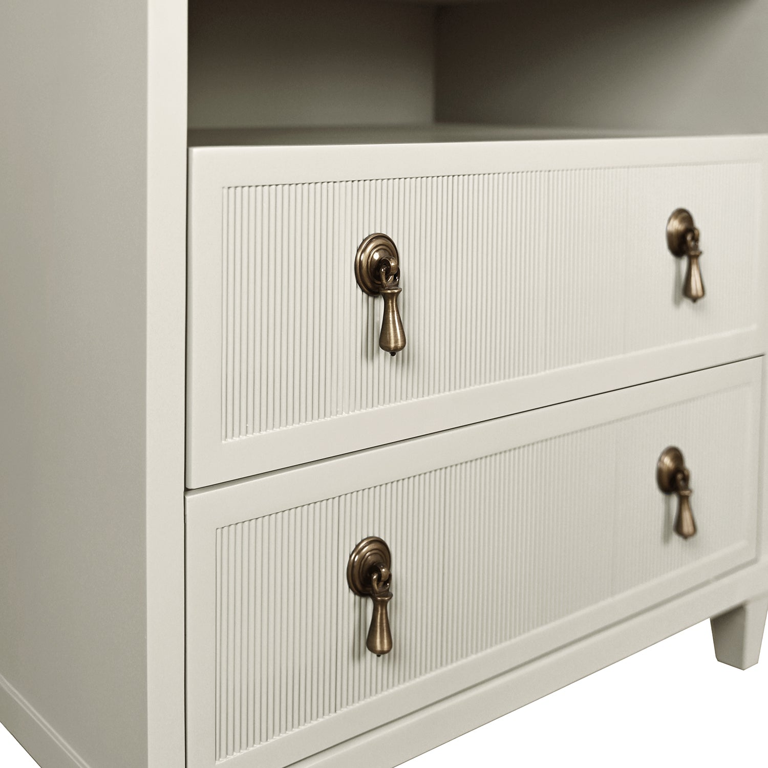 Detail of the Corine Antique White Two Drawer Side Table hardware and craftsmanship