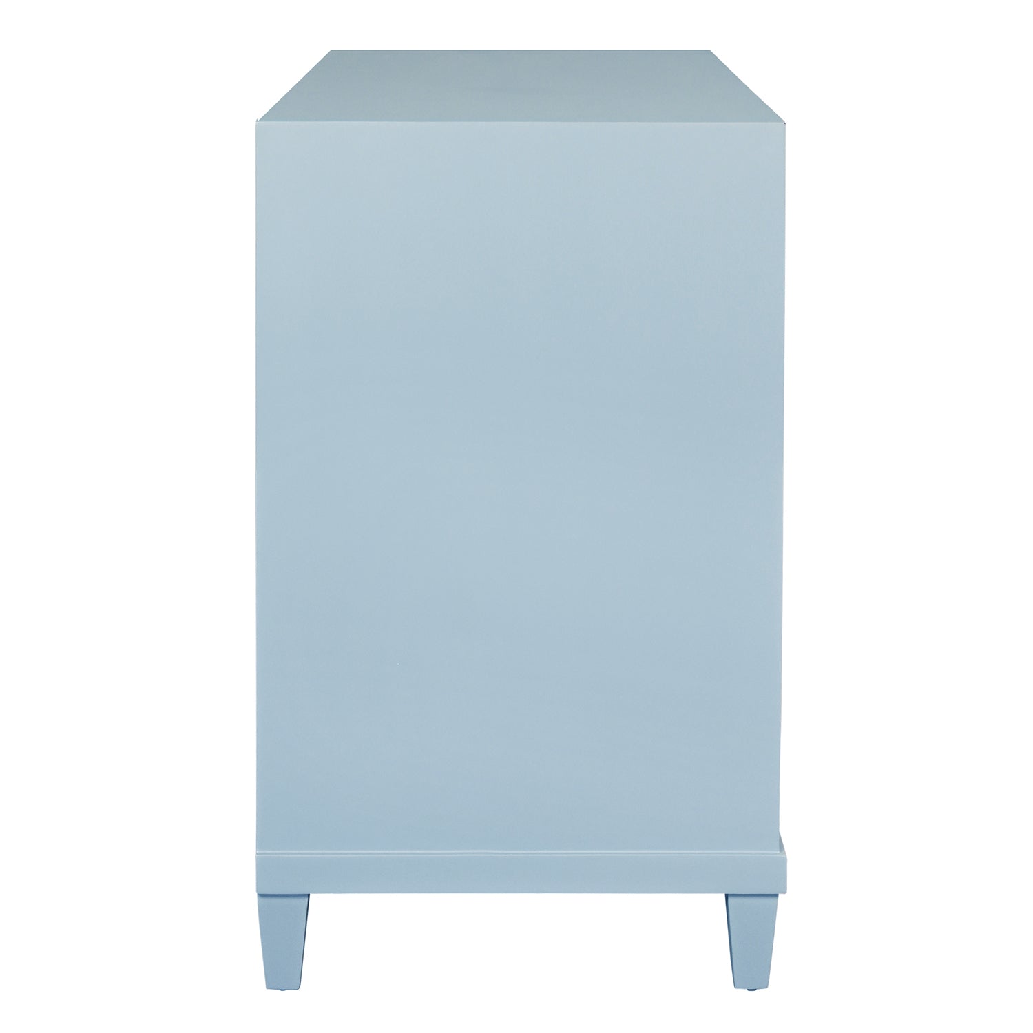 Close-up of the light blue wood finish on the Corine Light Blue Two Drawer Side Table