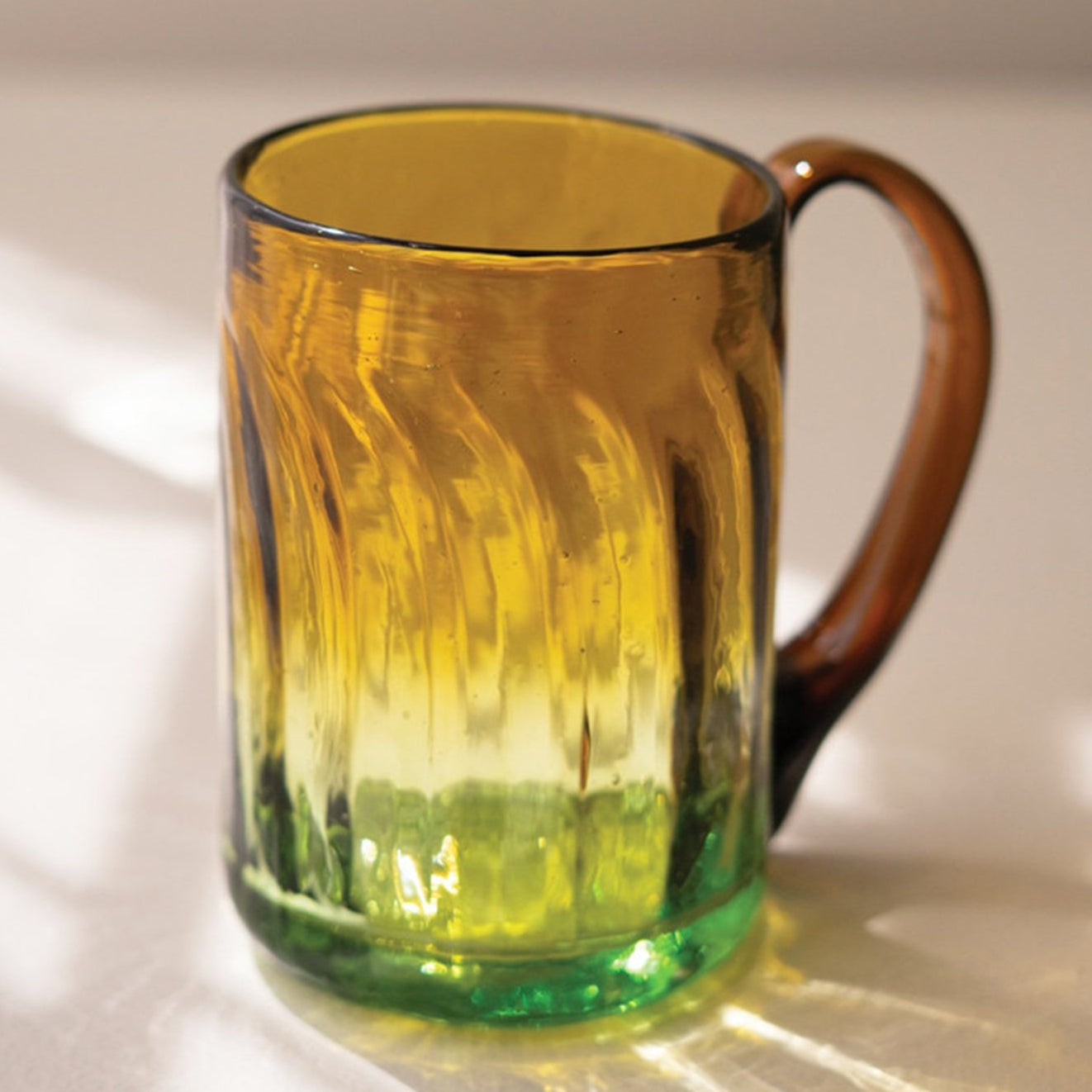 Recycled Fluted Amber Glass Mug with Handle Set of 6