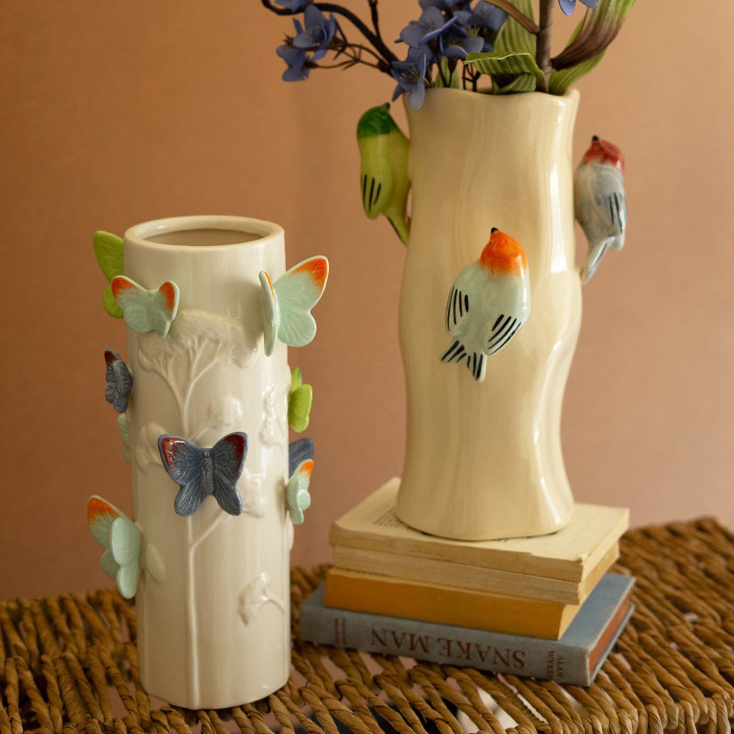 Log with Colorful Birds Vase