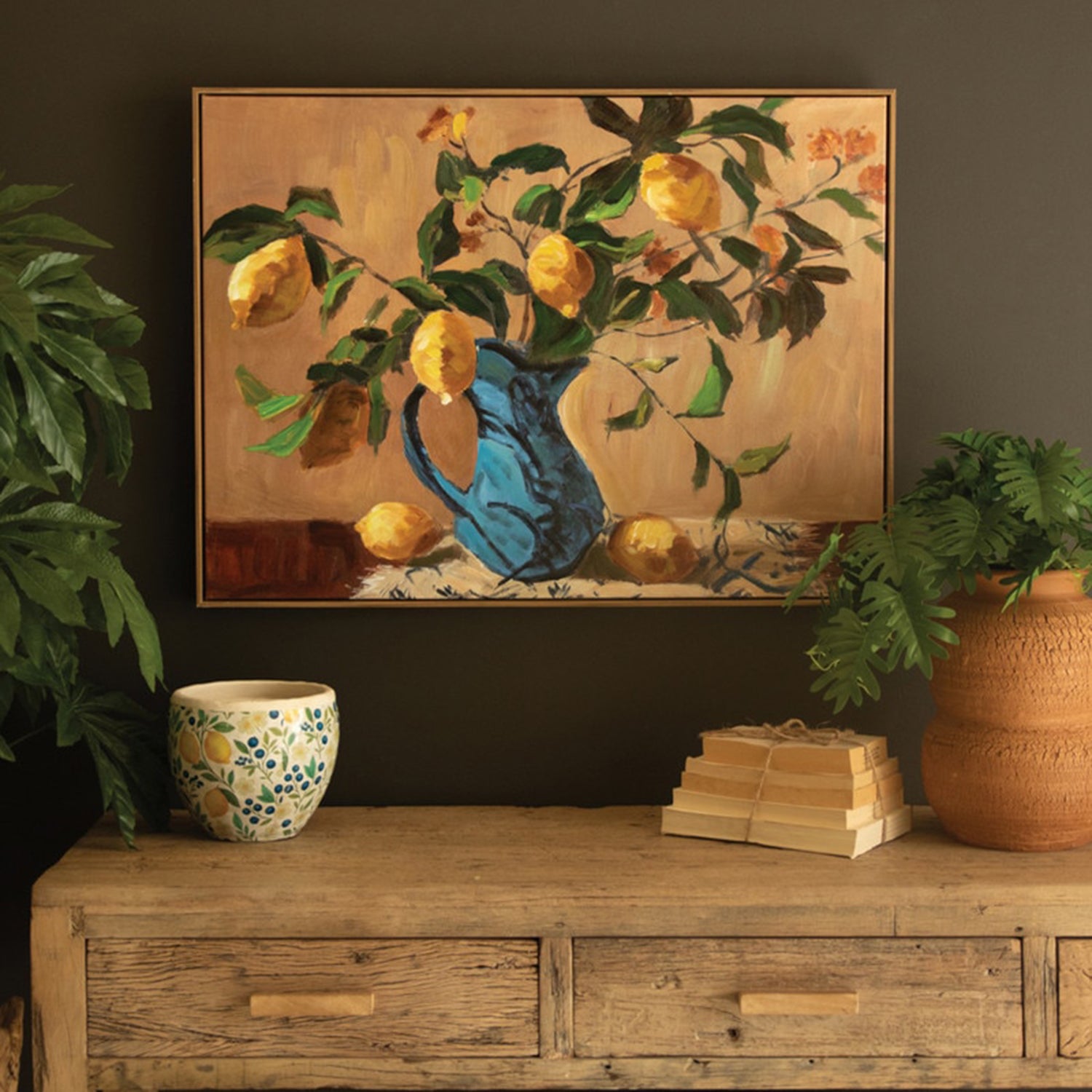 Lemon Branch in a Blue Vase Framed Paint over Print