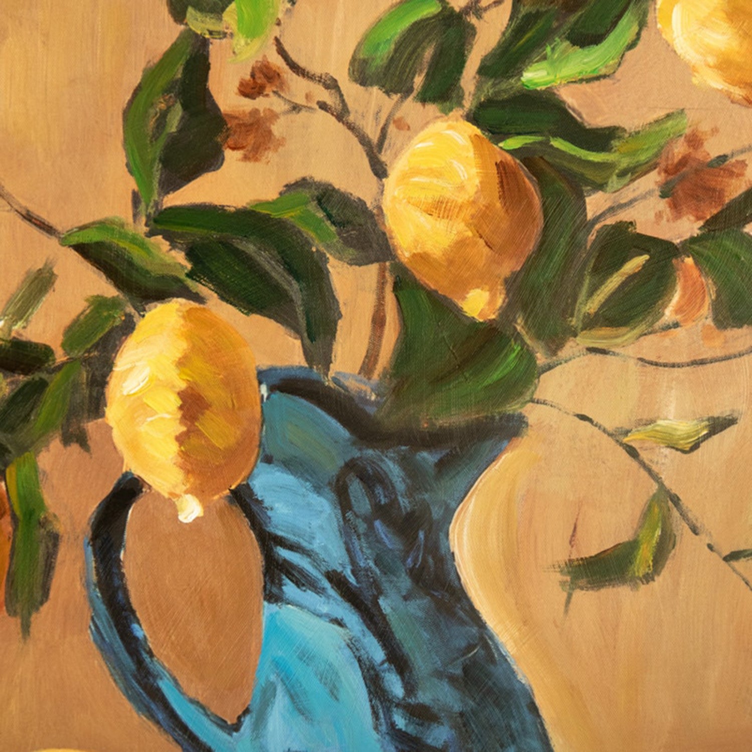 Lemon Branch in a Blue Vase Framed Paint over Print