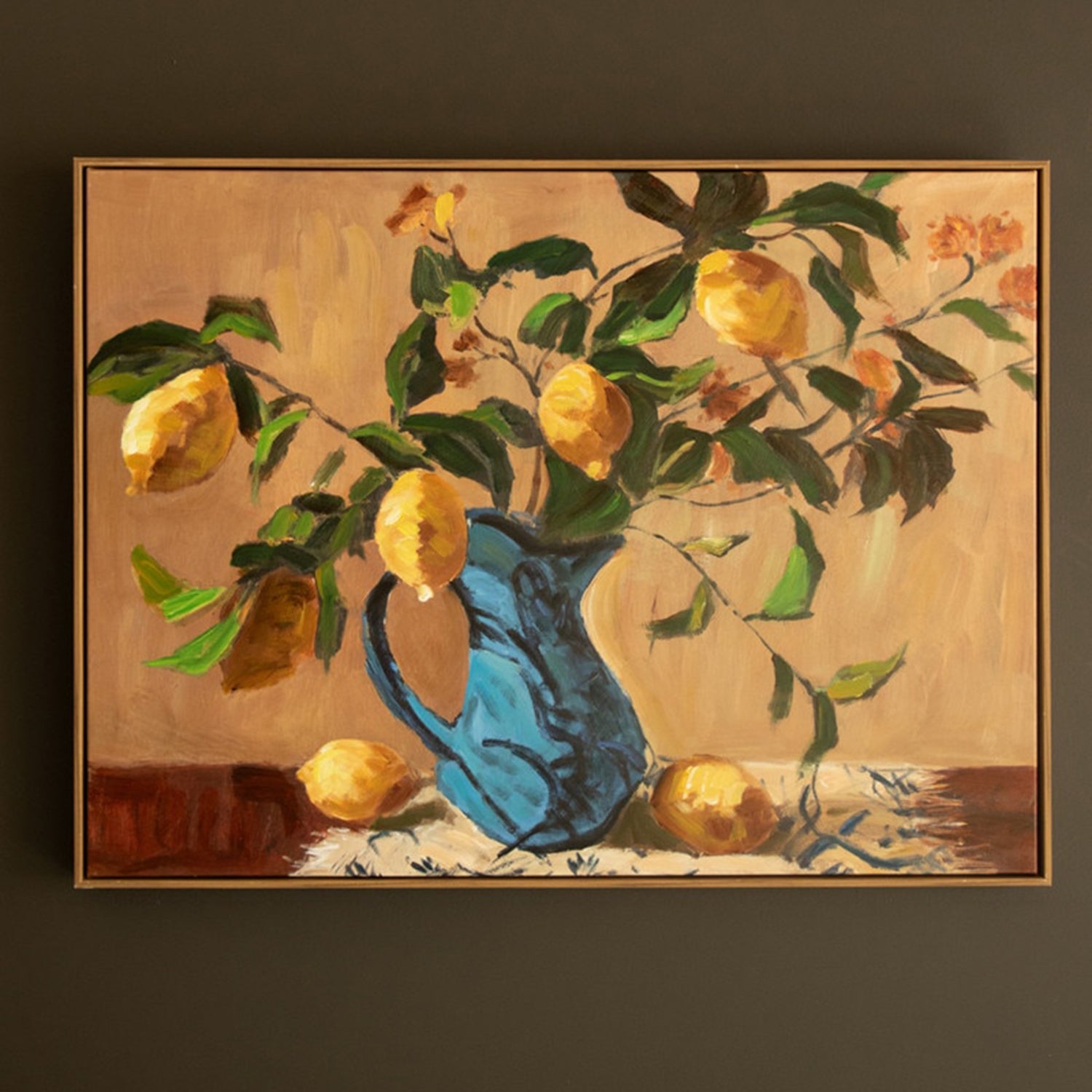 Lemon Branch in a Blue Vase Framed Paint over Print