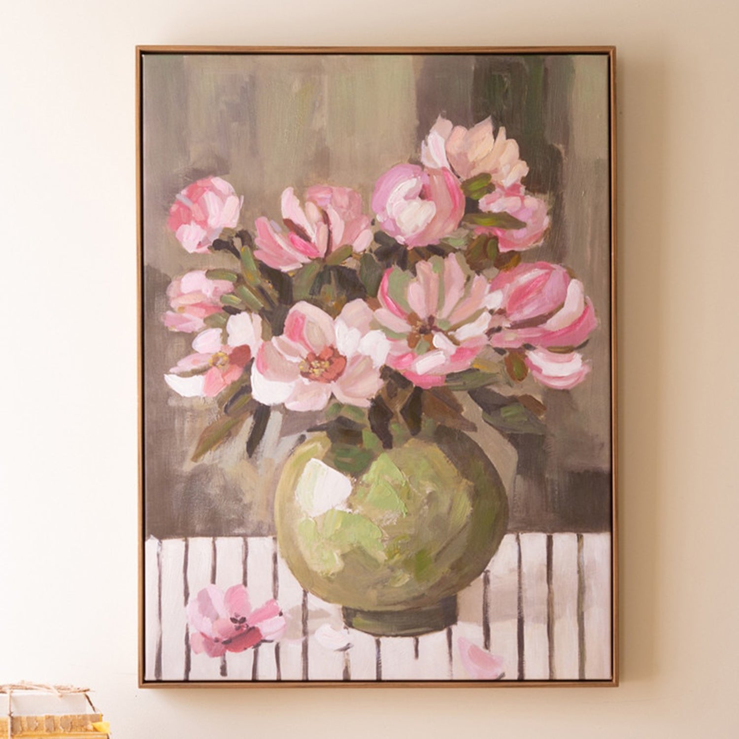 Green Vase with Pink Flowers Framed Paint over Print