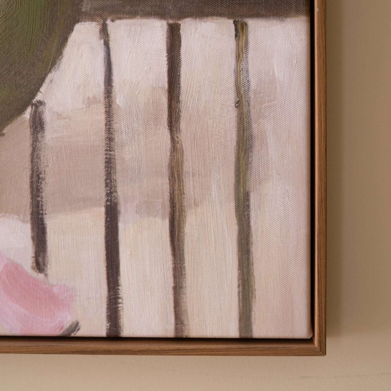 Green Vase with Pink Flowers Framed Paint over Print