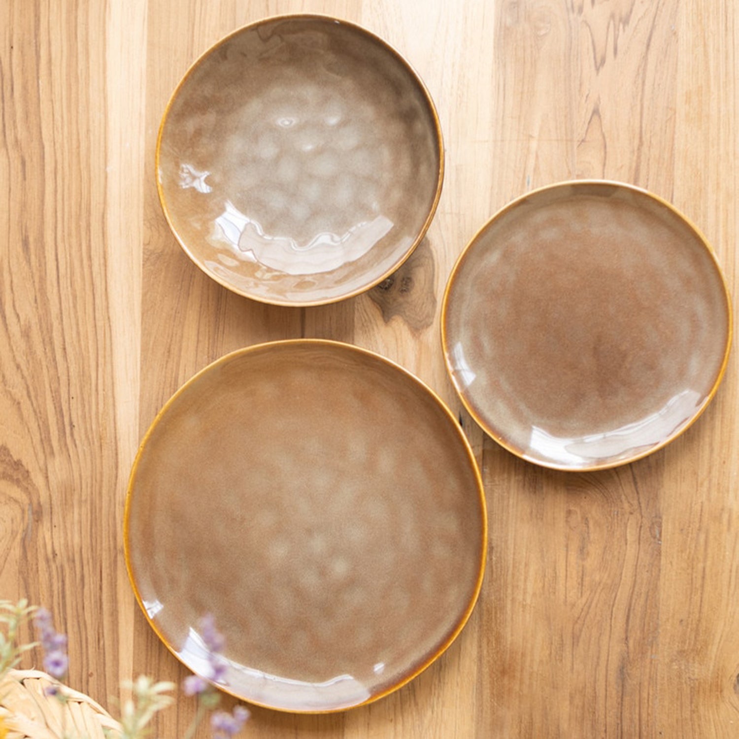 Antique Brown Ceramic Dinner Salad and Bowl Set of 3