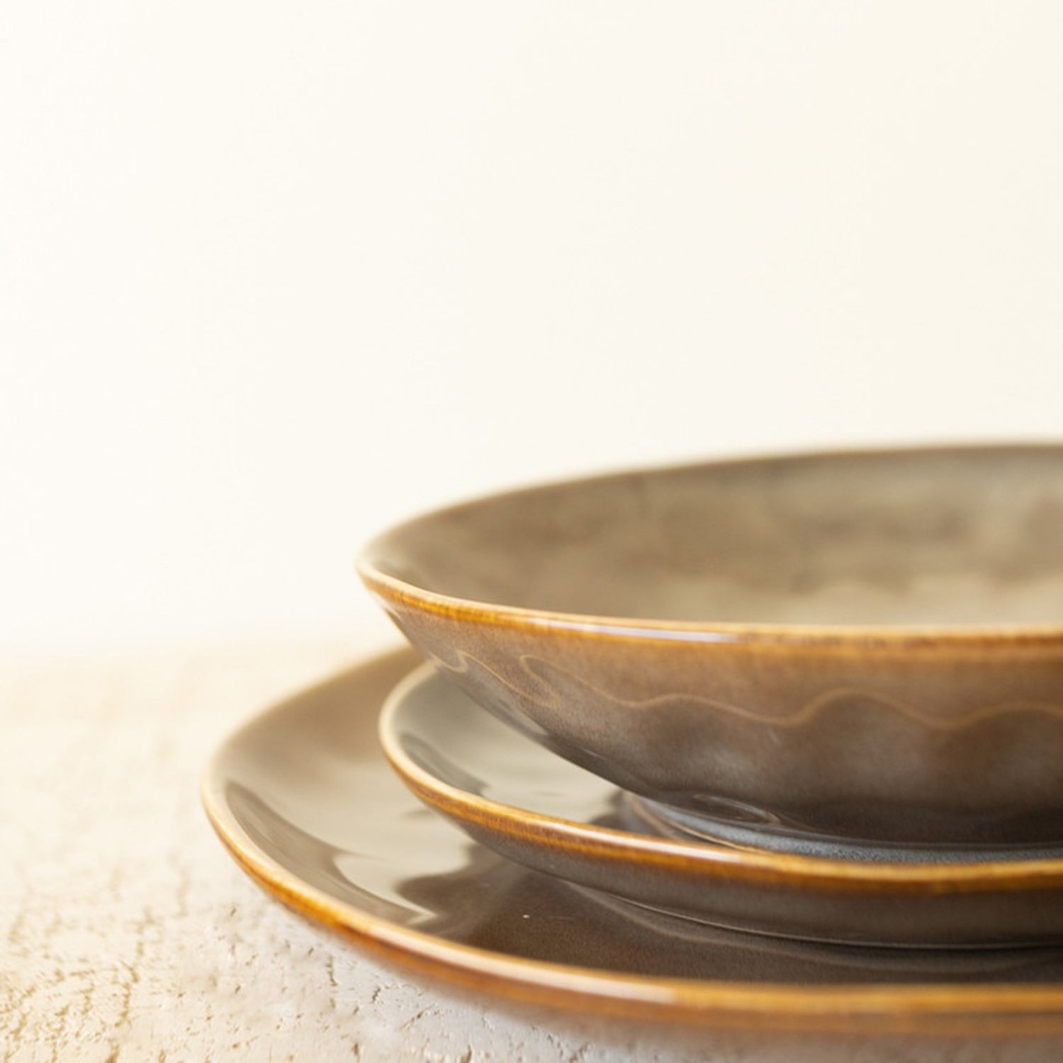 Antique Brown Ceramic Dinner Salad and Bowl Set of 3