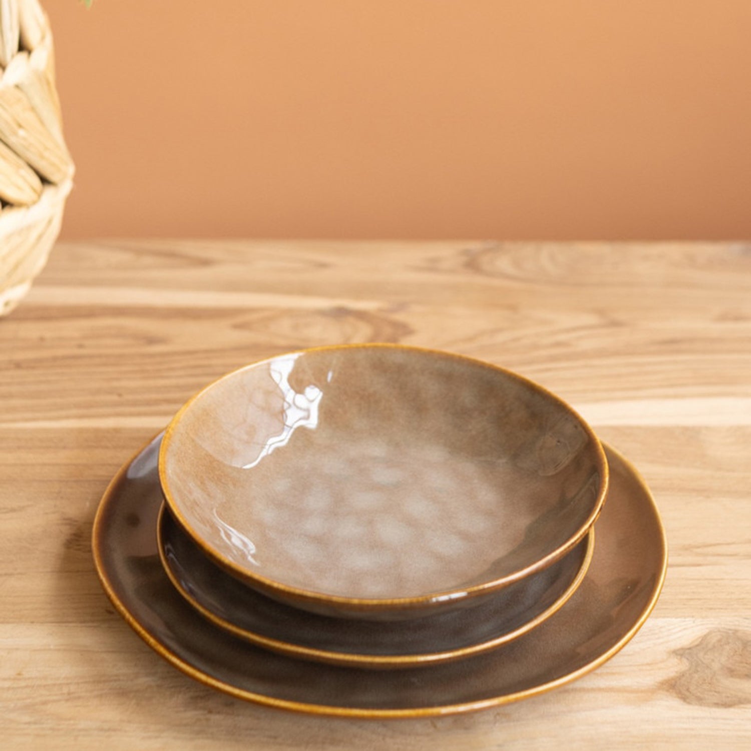 Antique Brown Ceramic Dinner Salad and Bowl Set of 3