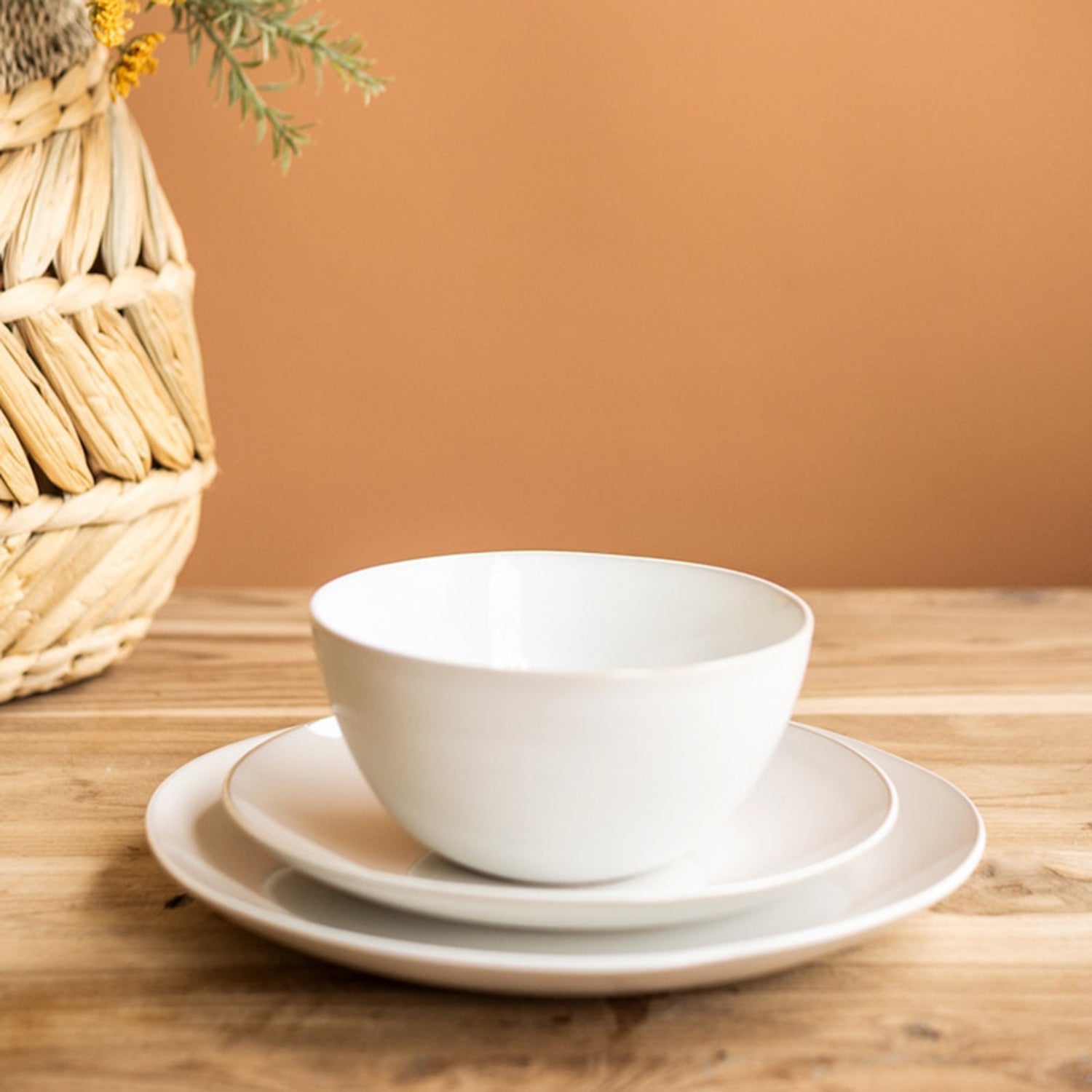 Antique White Ceramic Dinner Salad and Bowl Set of 3